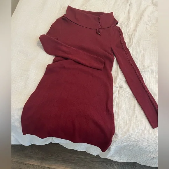 burgundy cowl neck sweater dress Women's Toasty Thoughts Burgundy Red Knit Turtleneck Sweater Midi Dress | Size: S